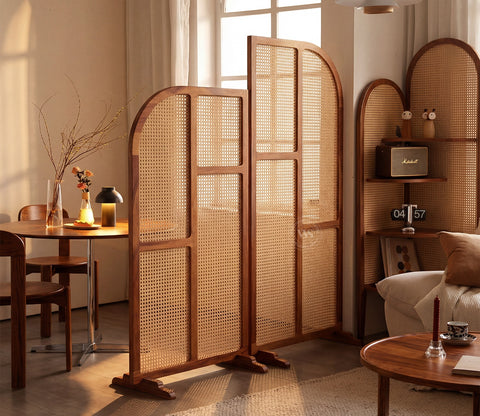 Aavaran Heritage Arch Sheesham Wood Room Divider with Luxury Cane Weave - Set of 2 Panels