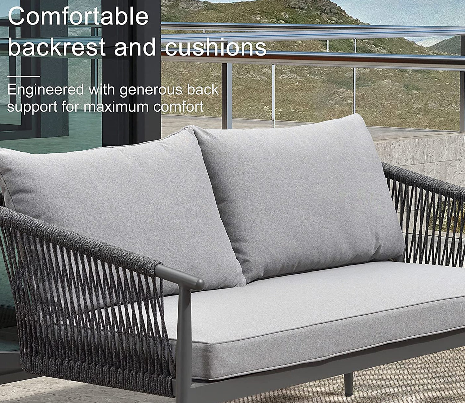 Grey Color Rope 4 Seater Sofa Set With Table And Grey Cushions