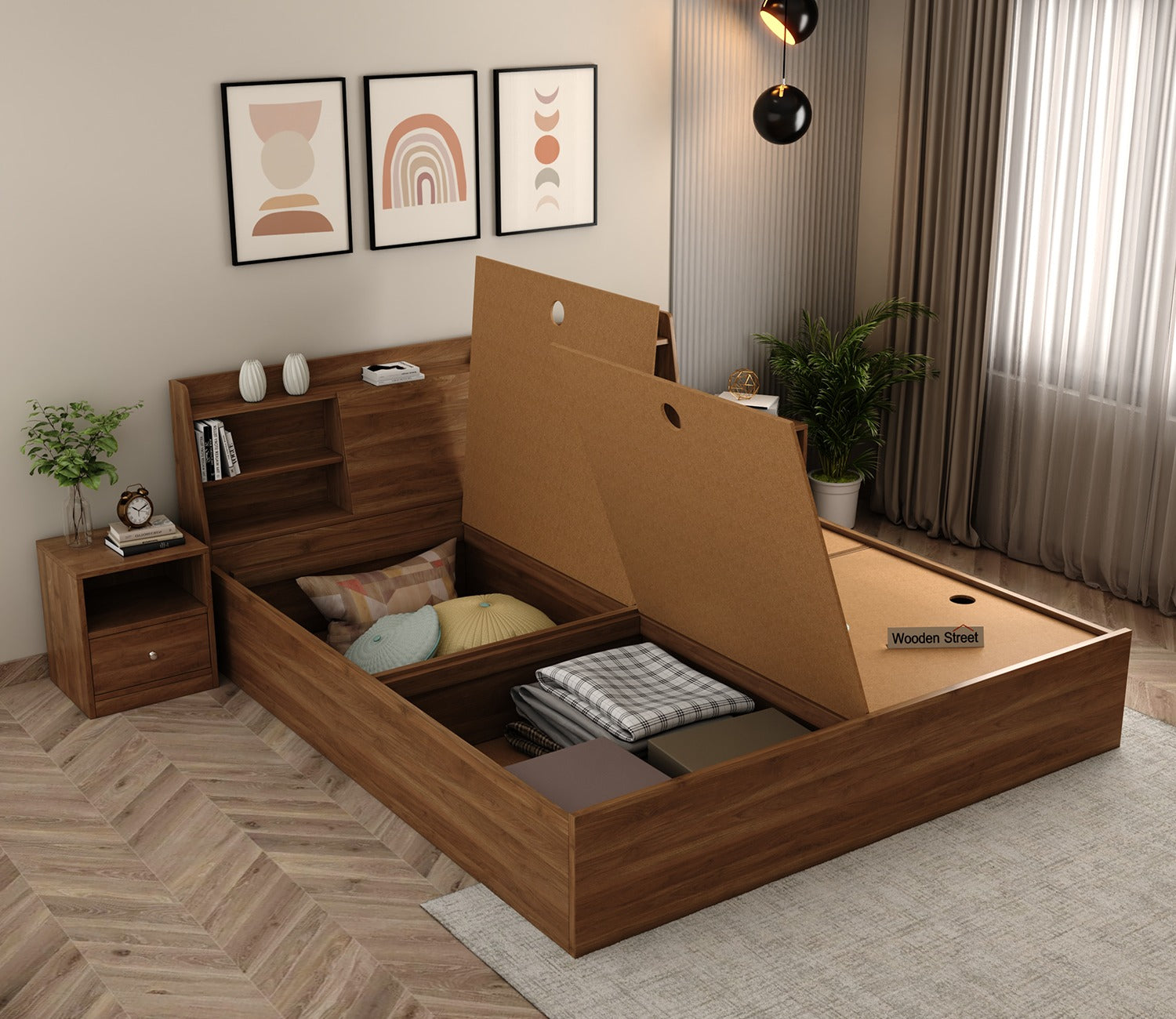 Celestia Engineered Wood Bed with Box Storage (Queen Size, Columbian Walnut Finish)