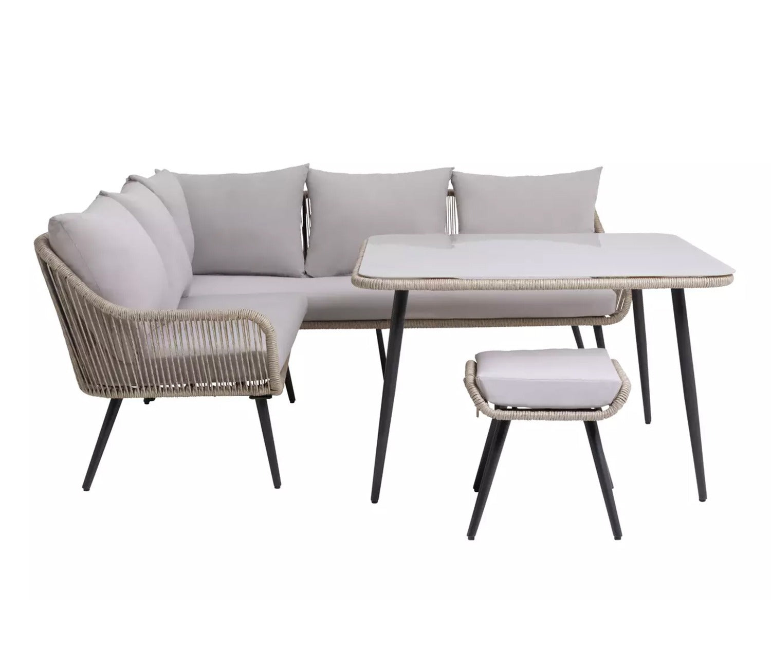 Beige Rope L Shape Sofa Set With Table And Light Grey Cushions