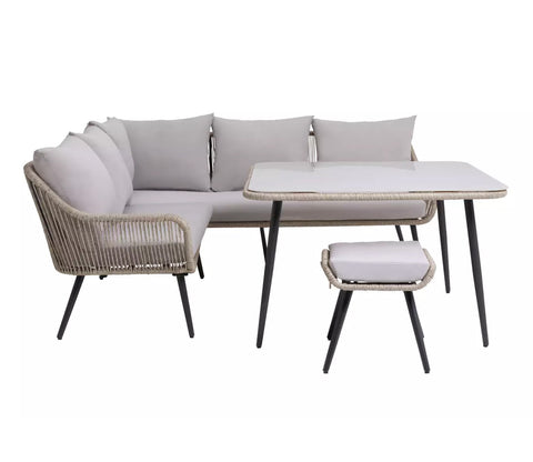 Beige Rope L Shape Sofa Set With Table And Light Grey Cushions