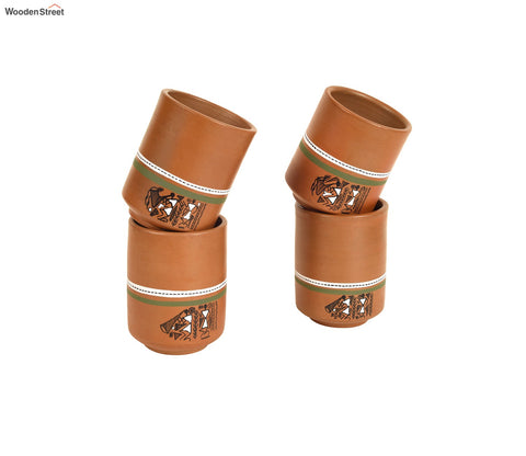 Knosh-C Hand Painted Earthen Mugs with Tribal Motifs (Set of 4)
