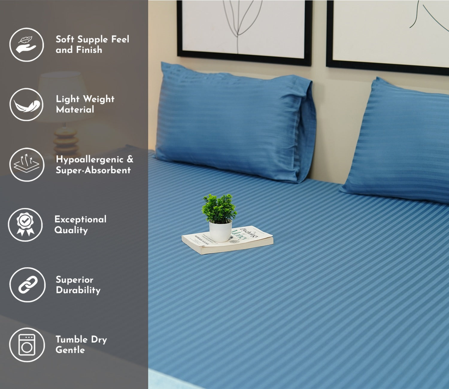 300 TC Pure Cotton Fitted King Size Bedsheet with Satin Stripe with 2 Pillow Covers (Blue)