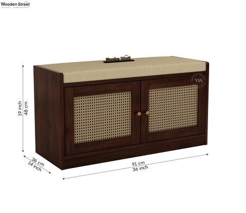 Bockle Premium Solid Wood Shoe Rack With Cane Work & Cushioned Seating (Mango Wood, Teak Finish)