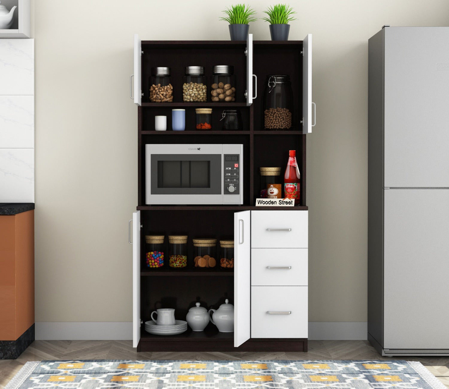 Piero Kitchen Cabinet (Flowery Wenge-Frosty White Finish)