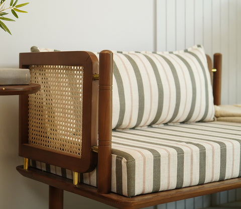 Shloka White Ash Wood Bench with Cane And Adjustable Back Cushioning (Green Stripes)