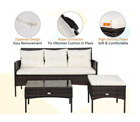 Dark Brown Rattan And Wicker Outdoor Sofa Set With Cream Cushions And Table