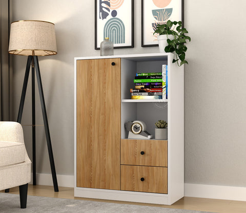 Agatha Modern Bookshelf with Open & Closed Storage, Textured Fronts (Engineered Wood, Santana Pattern)