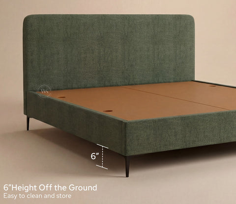 Andreas Premium Fabric Bed with Curved Headboard & Without Storage (Queen Size, Sage Green)