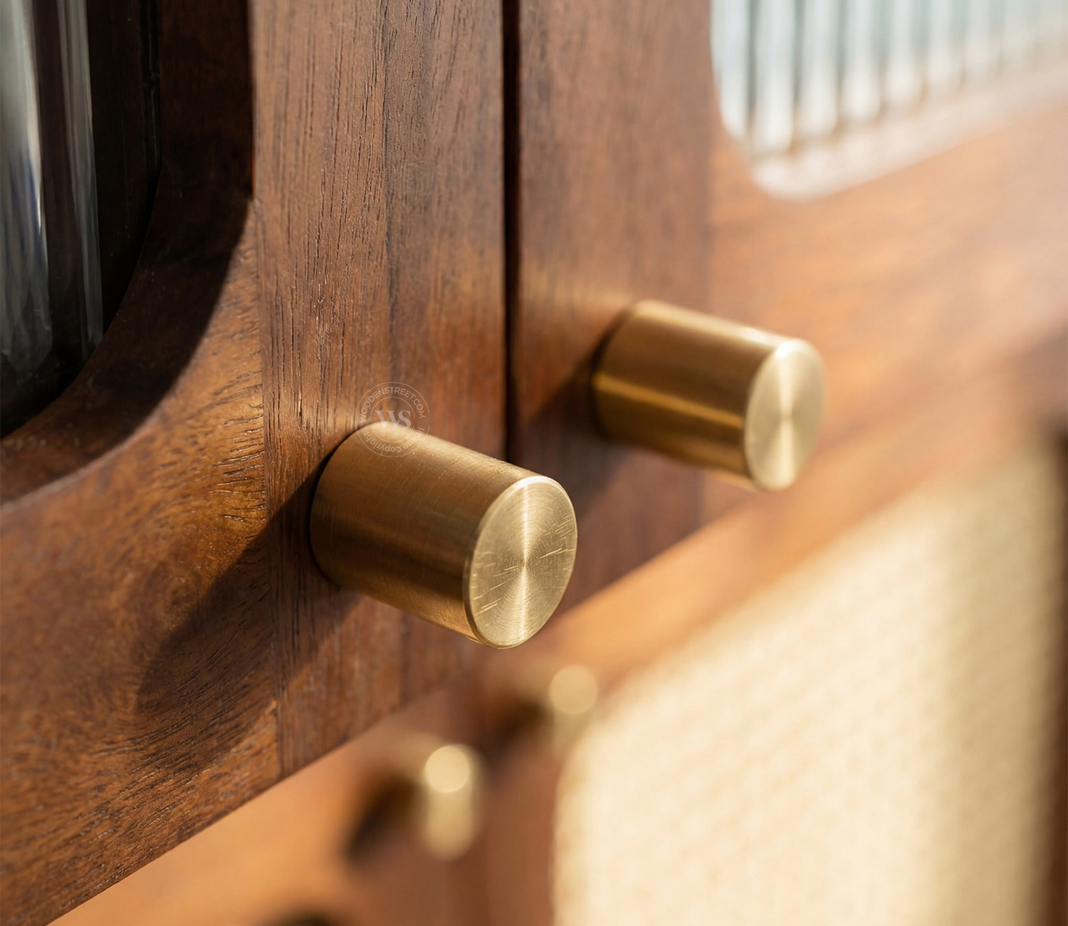 Tripti Classic Kitchen Cabinet with Fluted Glass, Cane Weave & Brass Knobs (Teak Finish)