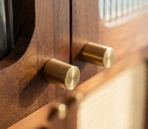 Tripti Classic Kitchen Cabinet with Fluted Glass, Cane Weave & Brass Knobs (Teak Finish)