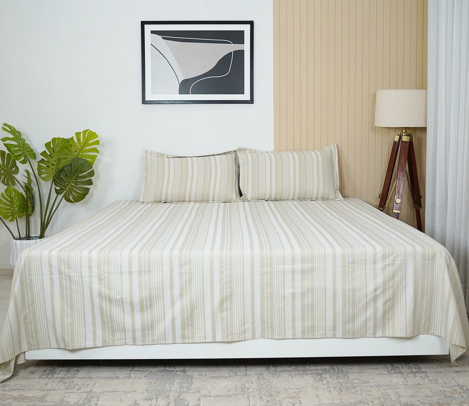 Thin Stripe 290 TC Flat Pure Cotton King Size Bedsheet With 2 Pillow Covers (Cream)