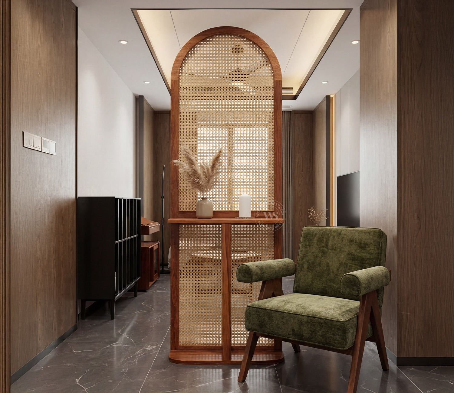 Aakruti Arch Sheesham Wood Single Panel Room Divider with Cane Weave & Open Shelf - Freestanding Partition Screen