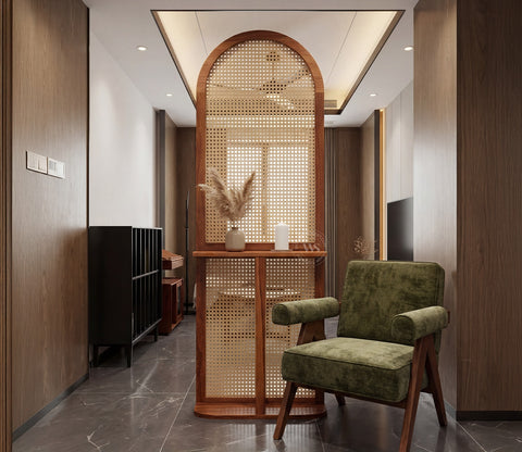 Aakruti Arch Sheesham Wood Single Panel Room Divider with Cane Weave & Open Shelf - Freestanding Partition Screen