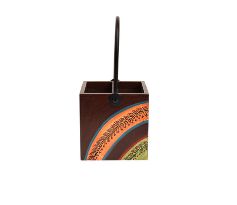 Floral Pattern Handcrafted Wooden Cutlery Stand with Iron Handle