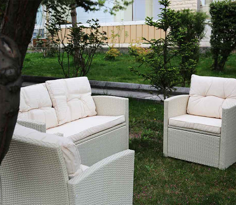 White Rattan And Wicker 4 Seater Patio Set With Cream Cushions