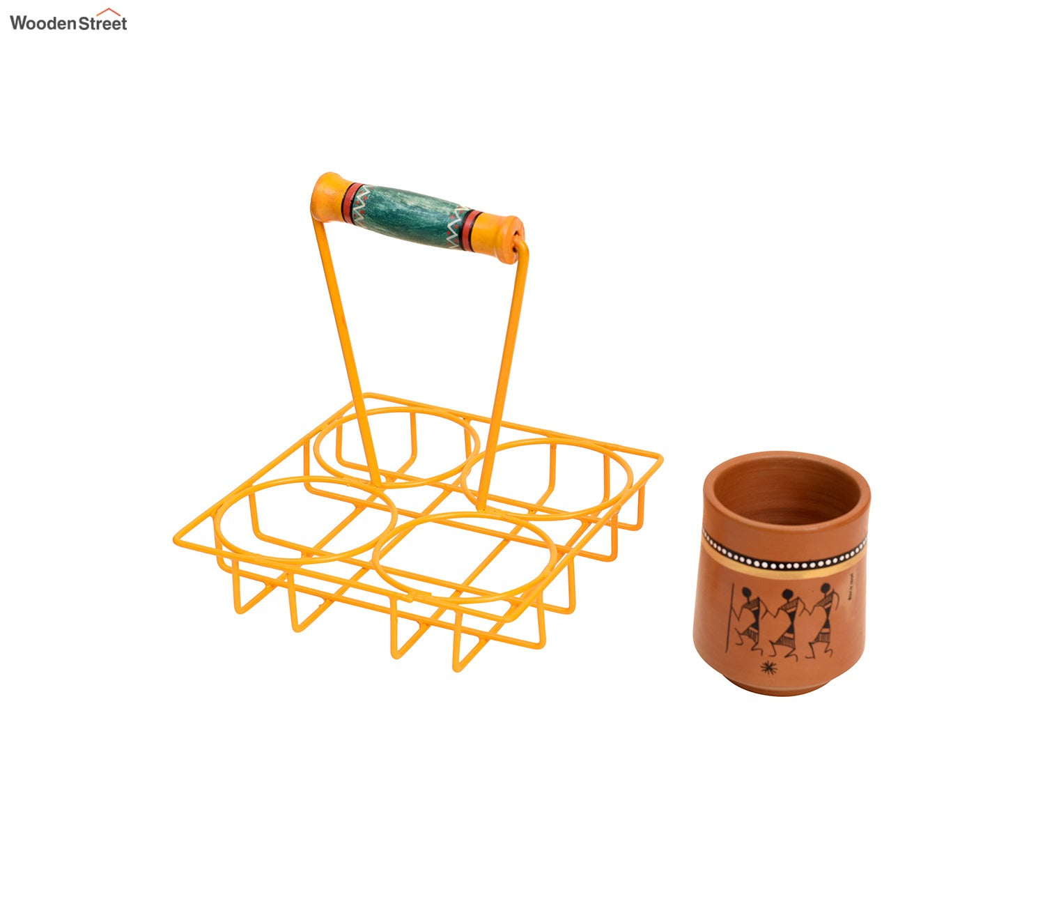 Ram Pyari Kullad Set in Yellow Handpainted Metal Stand - Set of 4