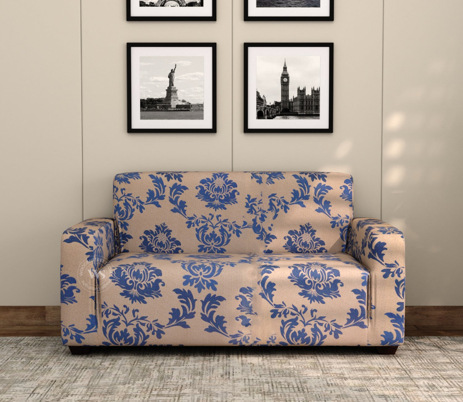 Grace Floral Printed Polyester Spandex 3+2 Sofa Cover Set (Blue)