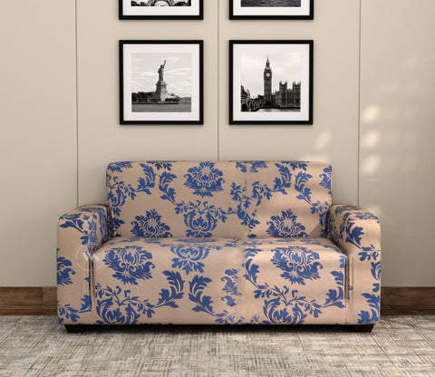Grace Floral Printed Polyester Spandex 3+2 Sofa Cover Set (Blue)