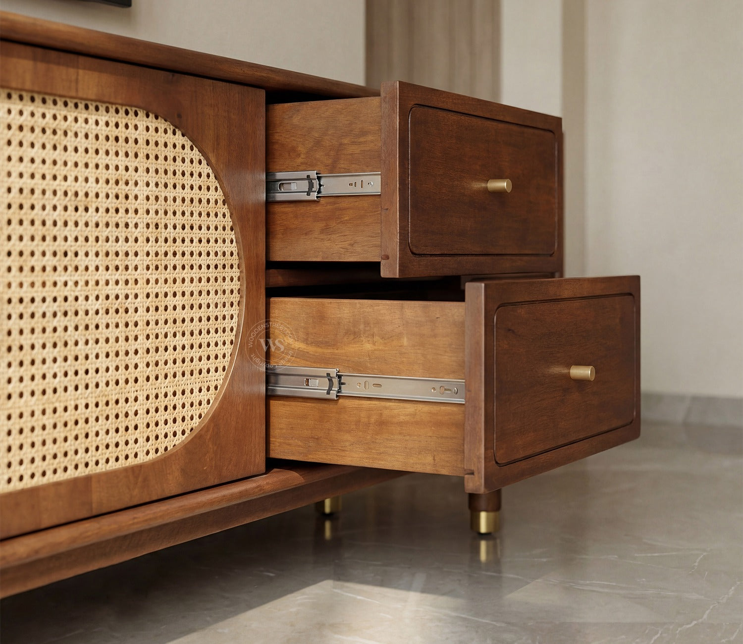 Gyana Premium Solid Wood TV Unit with Cane Panel Cabinet (Mango Wood, Teak Finish)