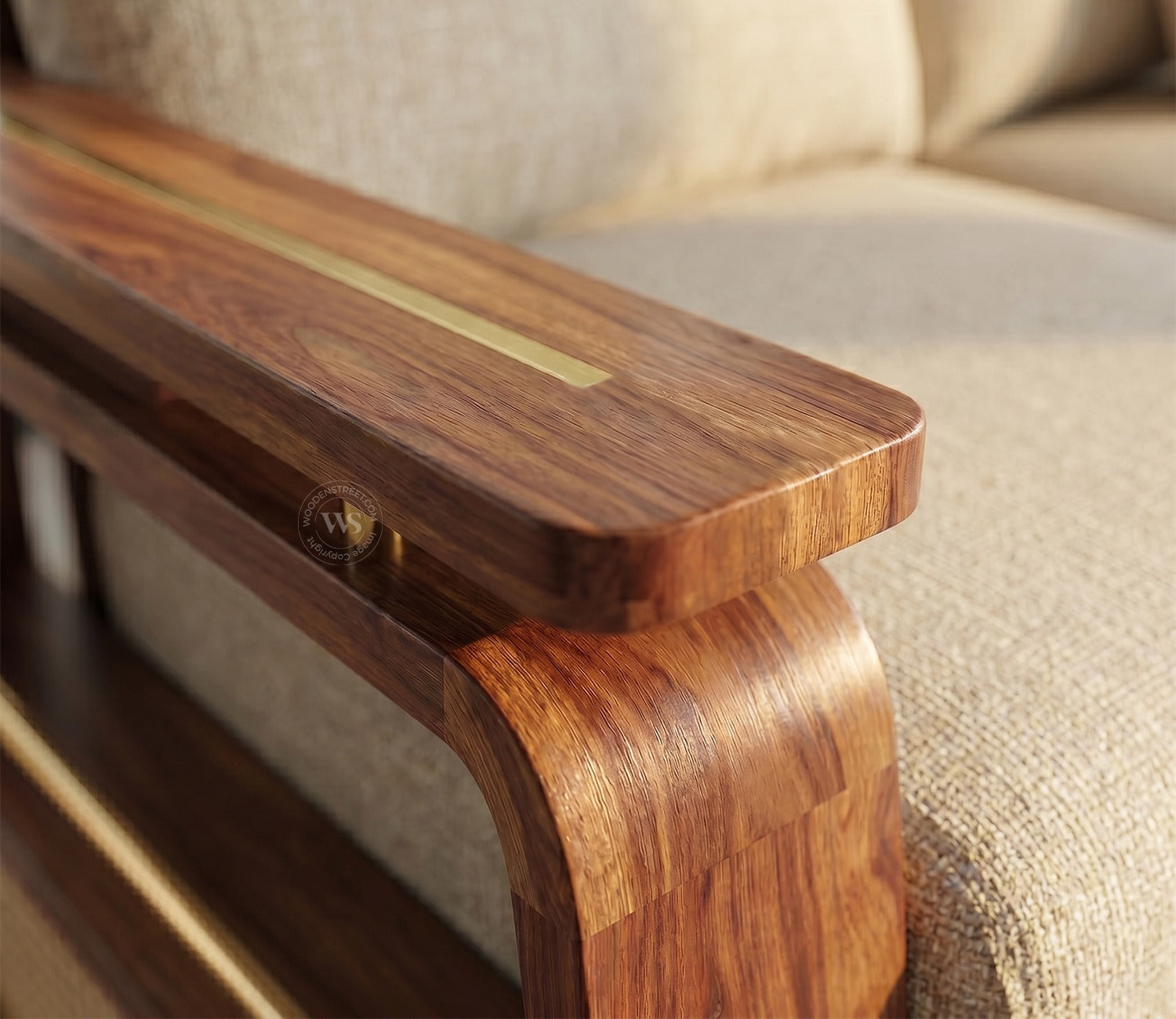 Vedic Sheesham Wood L Shape Left Align Sofa With Cane and Brass Detailing (Honey Finish, Jade Ivory)
