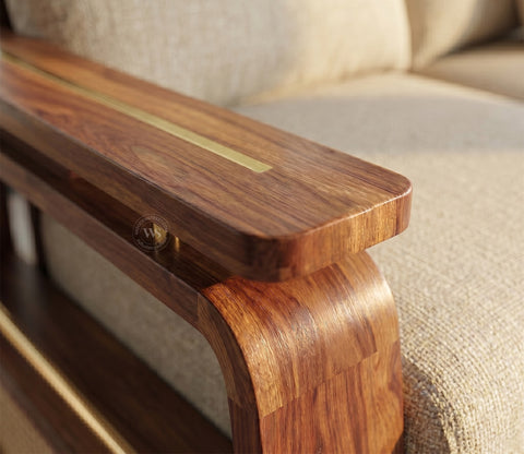 Vedic Sheesham Wood L Shape Left Align Sofa With Cane and Brass Detailing (Honey Finish, Jade Ivory)