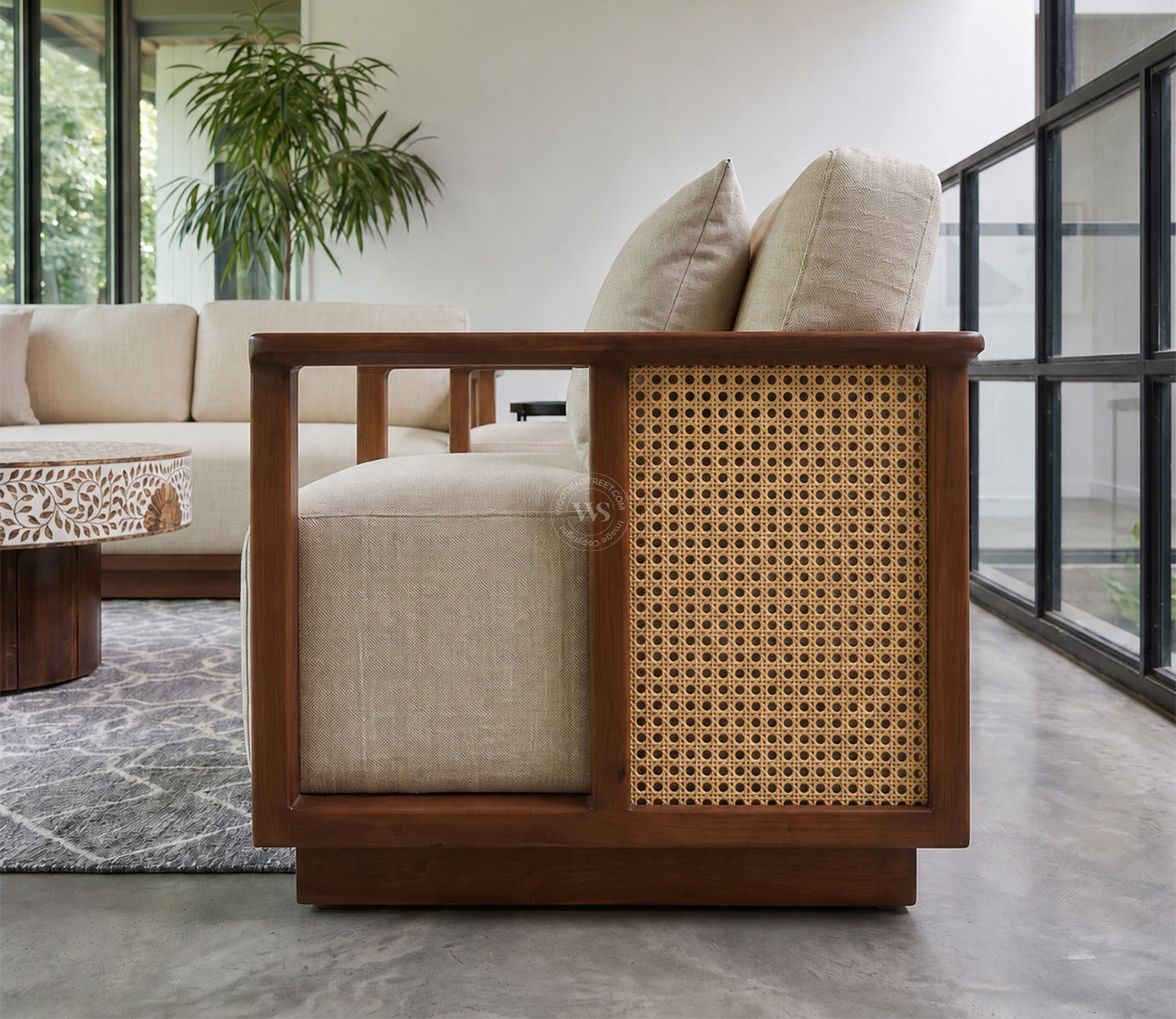 Varnik 1 Seater Ash Wood Sofa with Cane Accents (Teak Finish, Cottage Ivory)