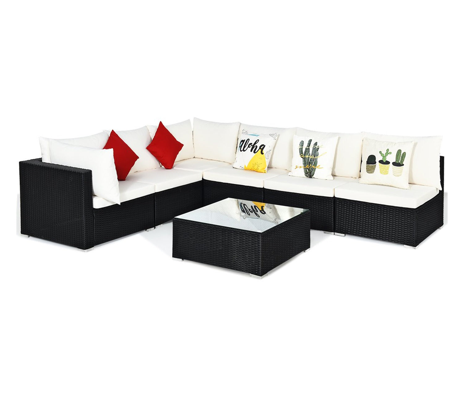 Black Rattan And Wicker 6 Seater Sofa Set With Table And White Cushions