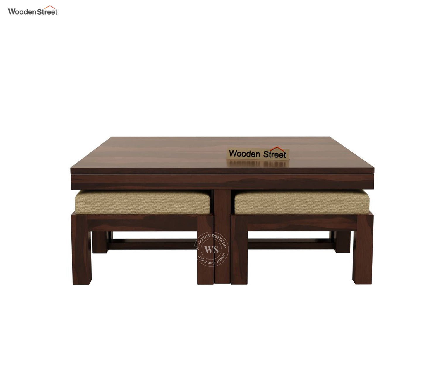 Reid Sheesham Wood Coffee Table with Four Cushioned Stools (Walnut Finish)