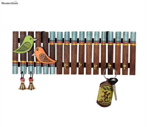 Handcrafted Tribal Art Wooden Stripes And Birds Key Holder - 4 Keys