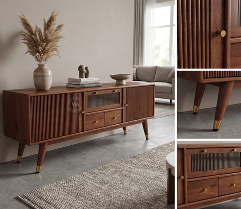 Hamona Premium Mango Wood TV Unit with Drawers And Cabinets (Teak Finish)