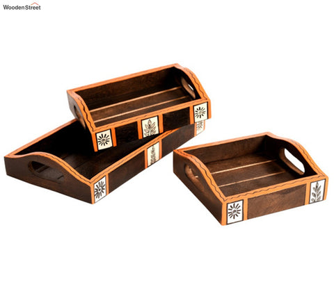 Natural Brown Handcrafted Tribal Art Serving Trays - Set of 3