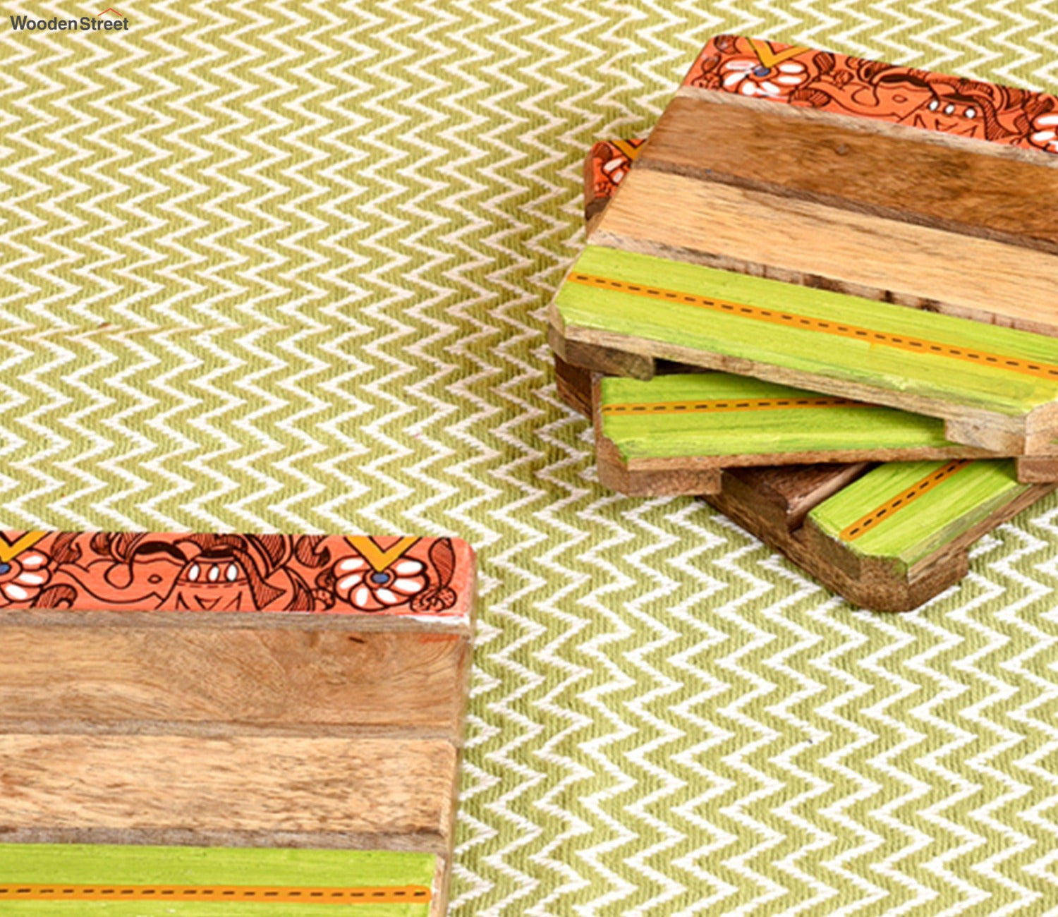 Madhubani Square Art Mangowood Handcrafted Coaster - Set of 4