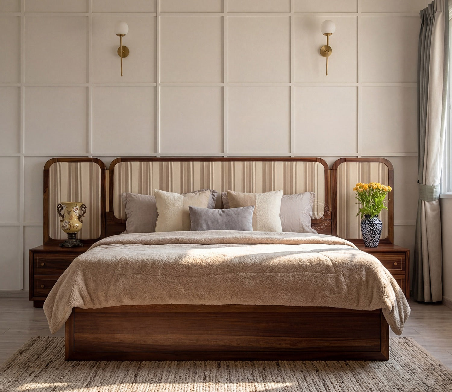 Iransh Premium Sheesham Wood Bed with Striped Headboard Drawer Storage and 2 Bedside Tables (Queen Size, Cream Stripe)
