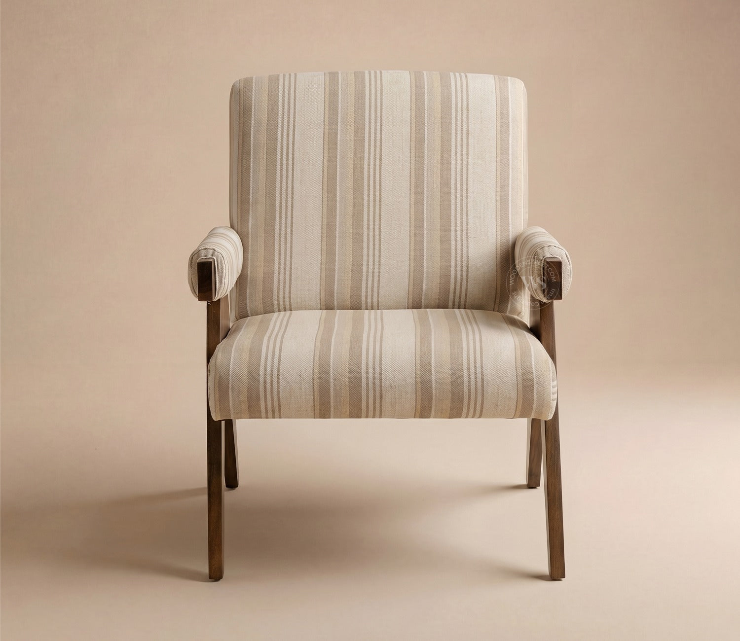 Troupe Sheesham Wood Chandigarh Chair with Premium Upholstery (Cream Stripes, Teak Finish)