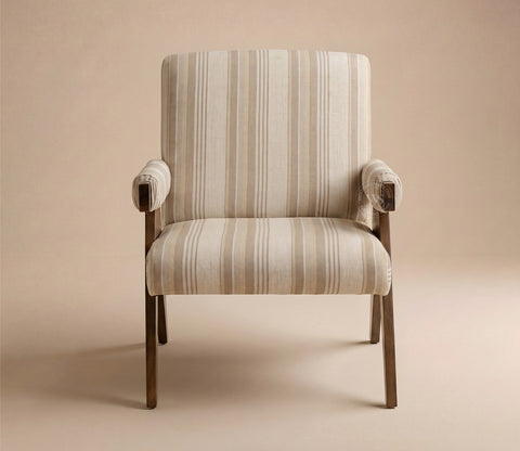 Troupe Sheesham Wood Chandigarh Chair with Premium Upholstery (Cream Stripes, Teak Finish)