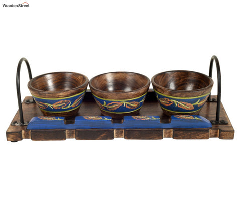 Brown And Blue Handcrafted Wooden Tray With Wooden Bowls