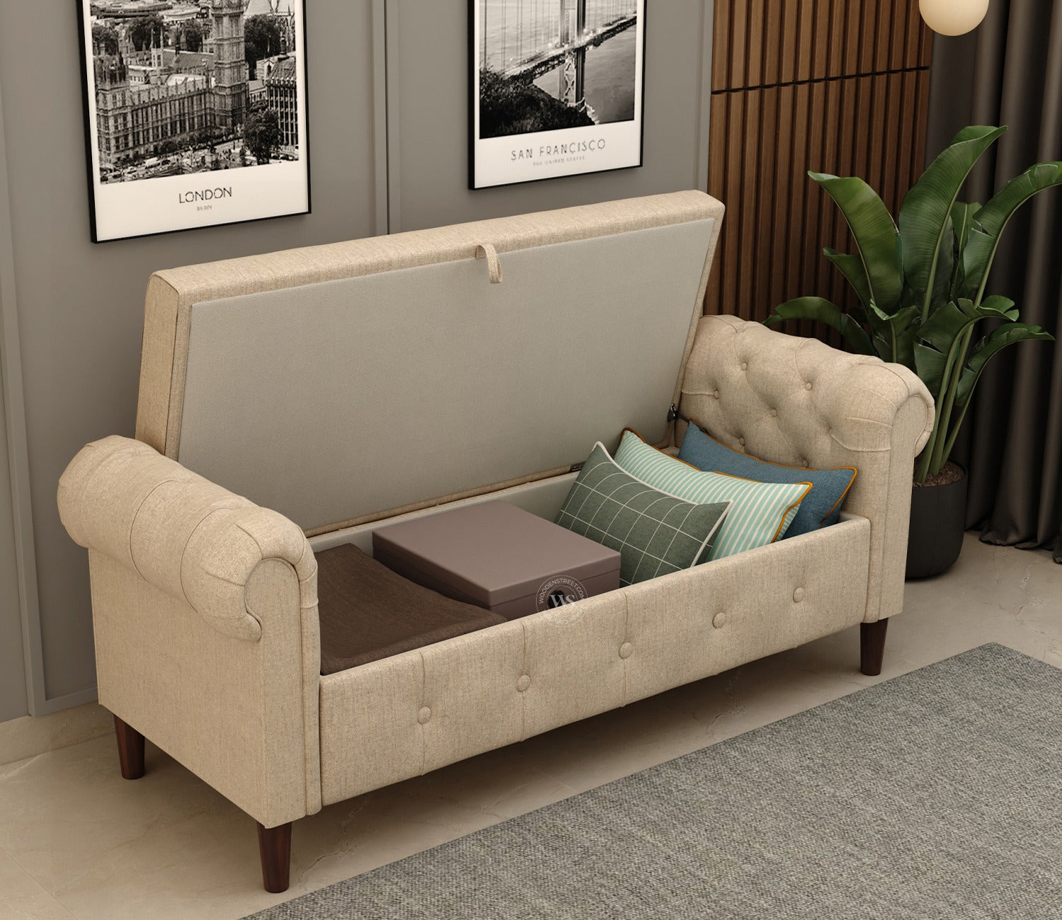 Velo Cushioned Hand Carved Sofa Bench With Hidden Storage (Jade Ivory)