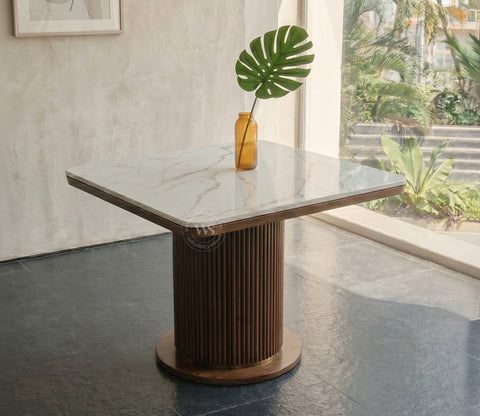Samanvi 4 Seater Sheesham Wood Dining Table Set with Saumik Marble Top Table and Vinara Chair (Sand Brown)