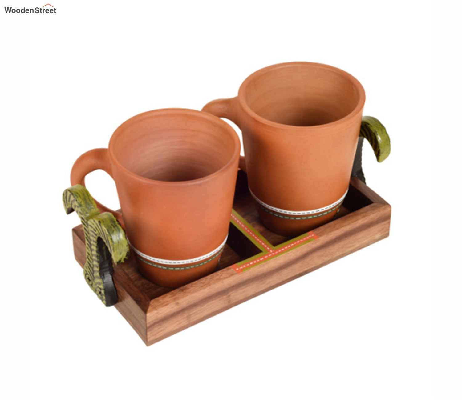 Happy Morning Earthen Coffee Mugs With Metal Handle Tray