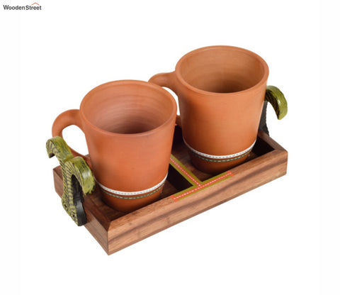 Happy Morning Earthen Coffee Mugs With Metal Handle Tray