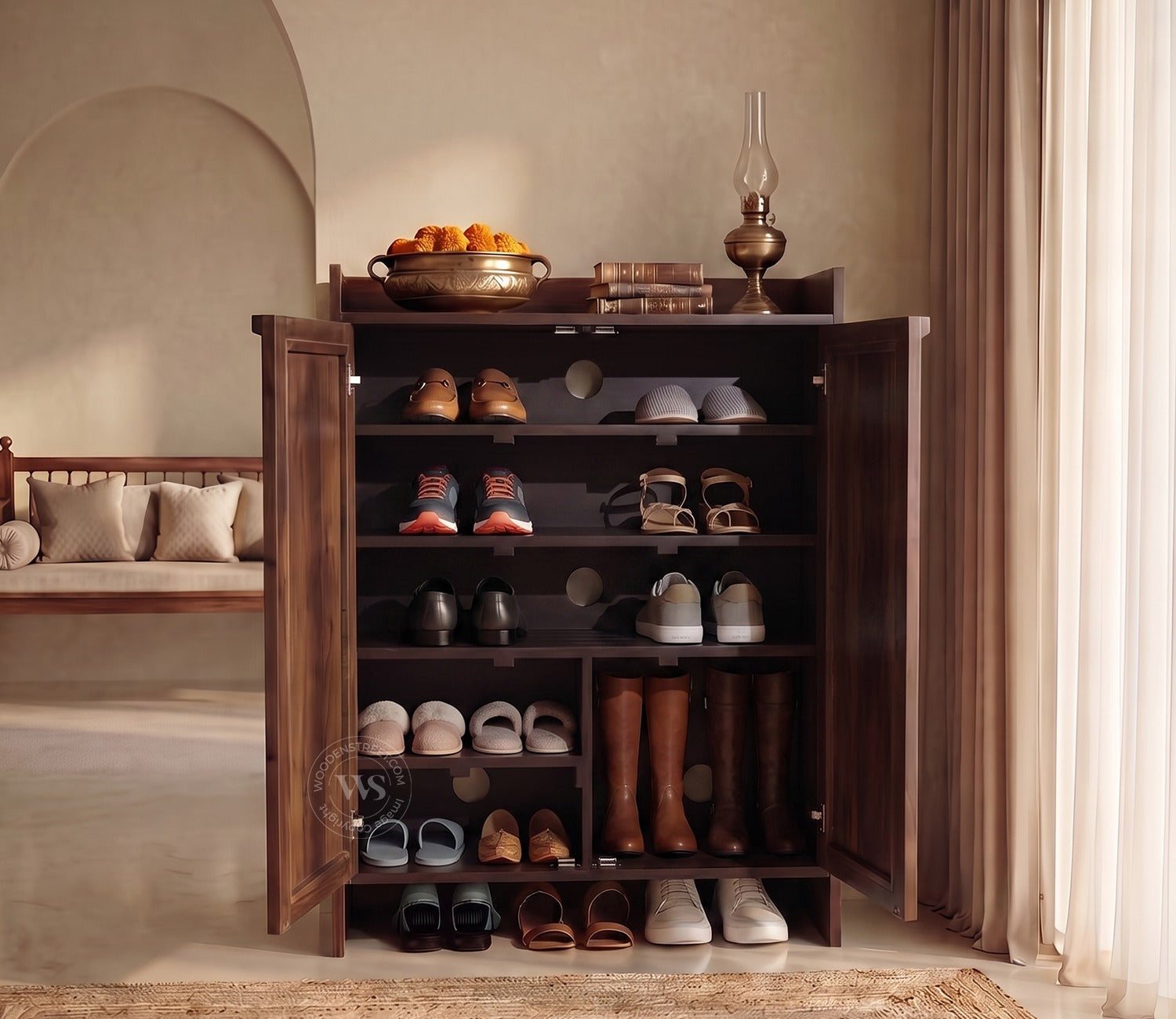 Vithiya Premium Solid Wood Shoe Rack With Cane Detailing (Mango Wood, Teak Finish)