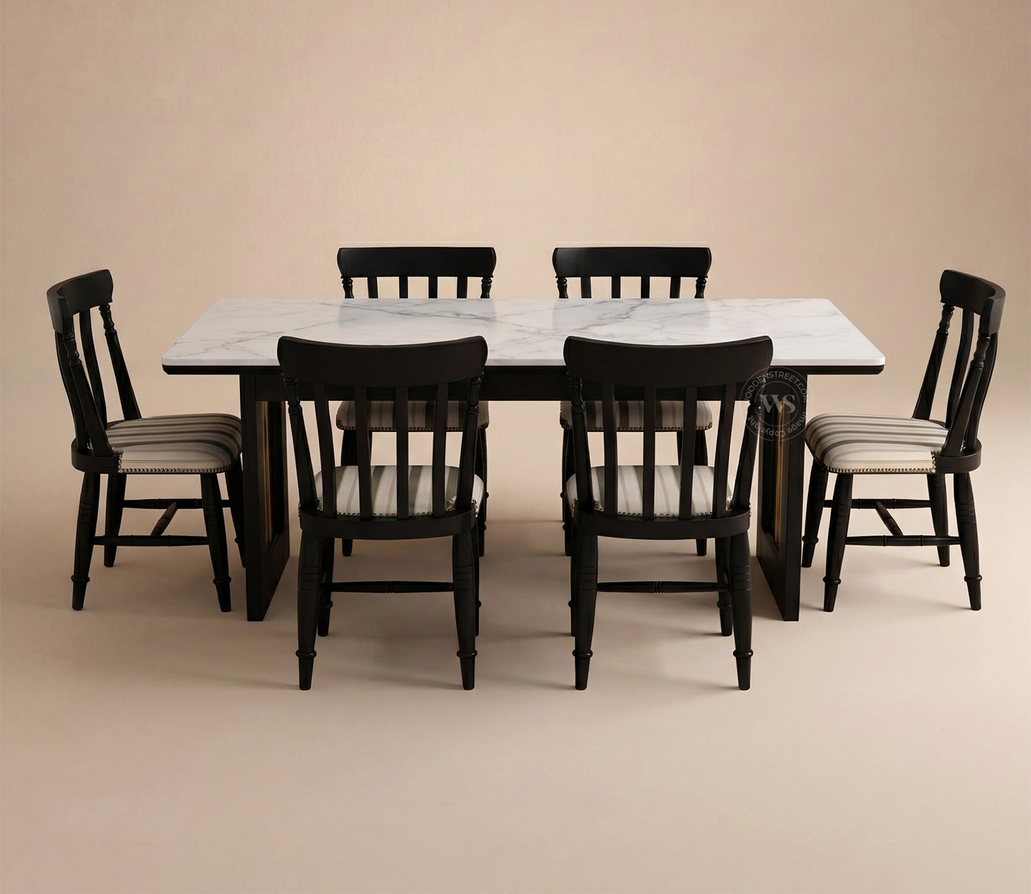 Kanak Designer 6 Seater Sheesham Wood Dining Table Set with Mishaan Quartz Top Table and Misha Chair (Black Finish)