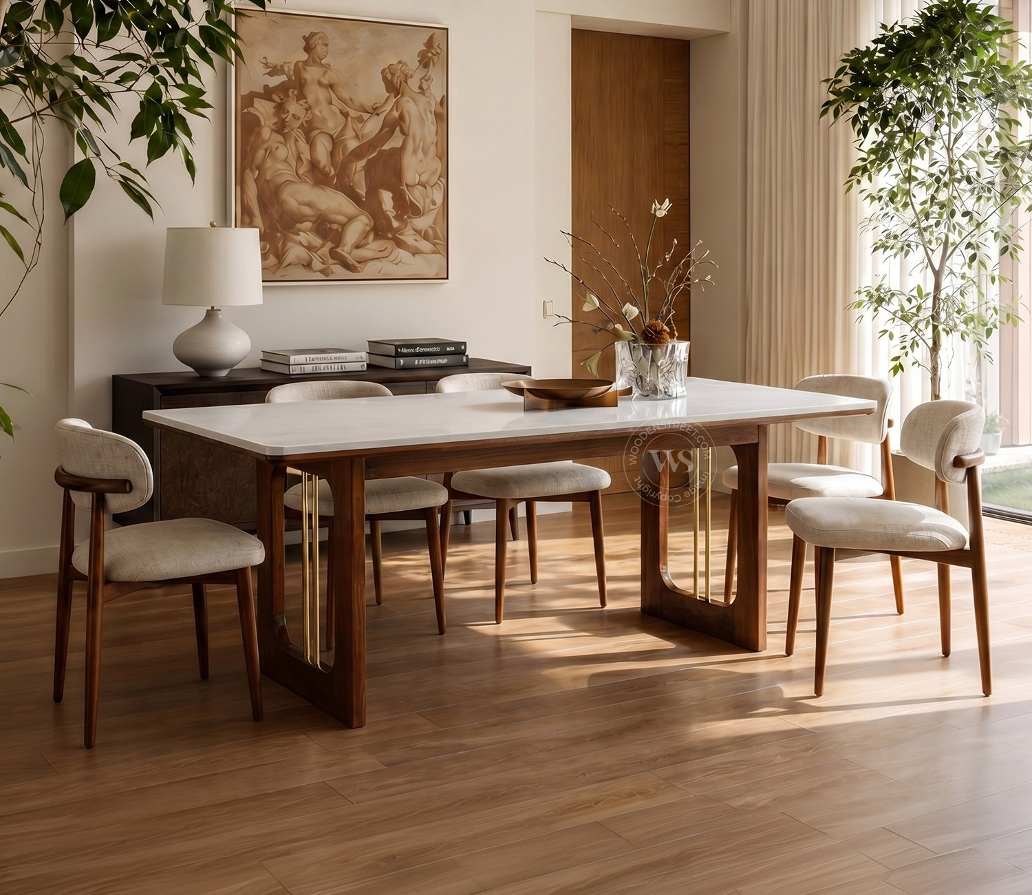 Mishaan-Rivano 6 Seater Sheesham Wood Dining Table Set with Quartz Top (Teak Finish)