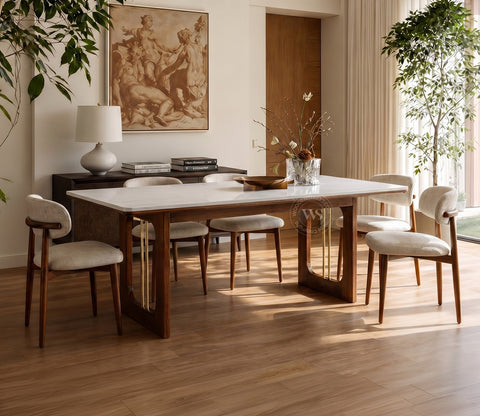 Mishaan-Rivano 6 Seater Sheesham Wood Dining Table Set with Quartz Top (Teak Finish)