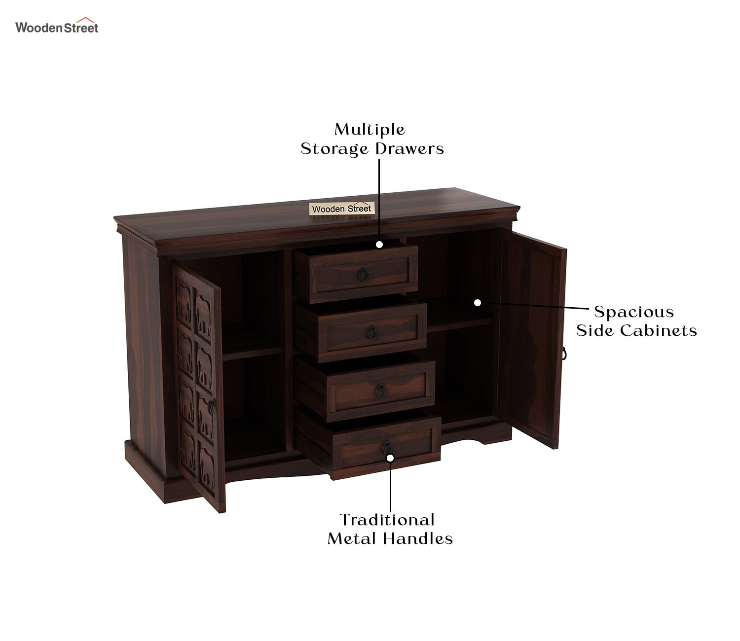 Emboss Sheesham Wooden Cabinet and Sideboard (Walnut Finish)