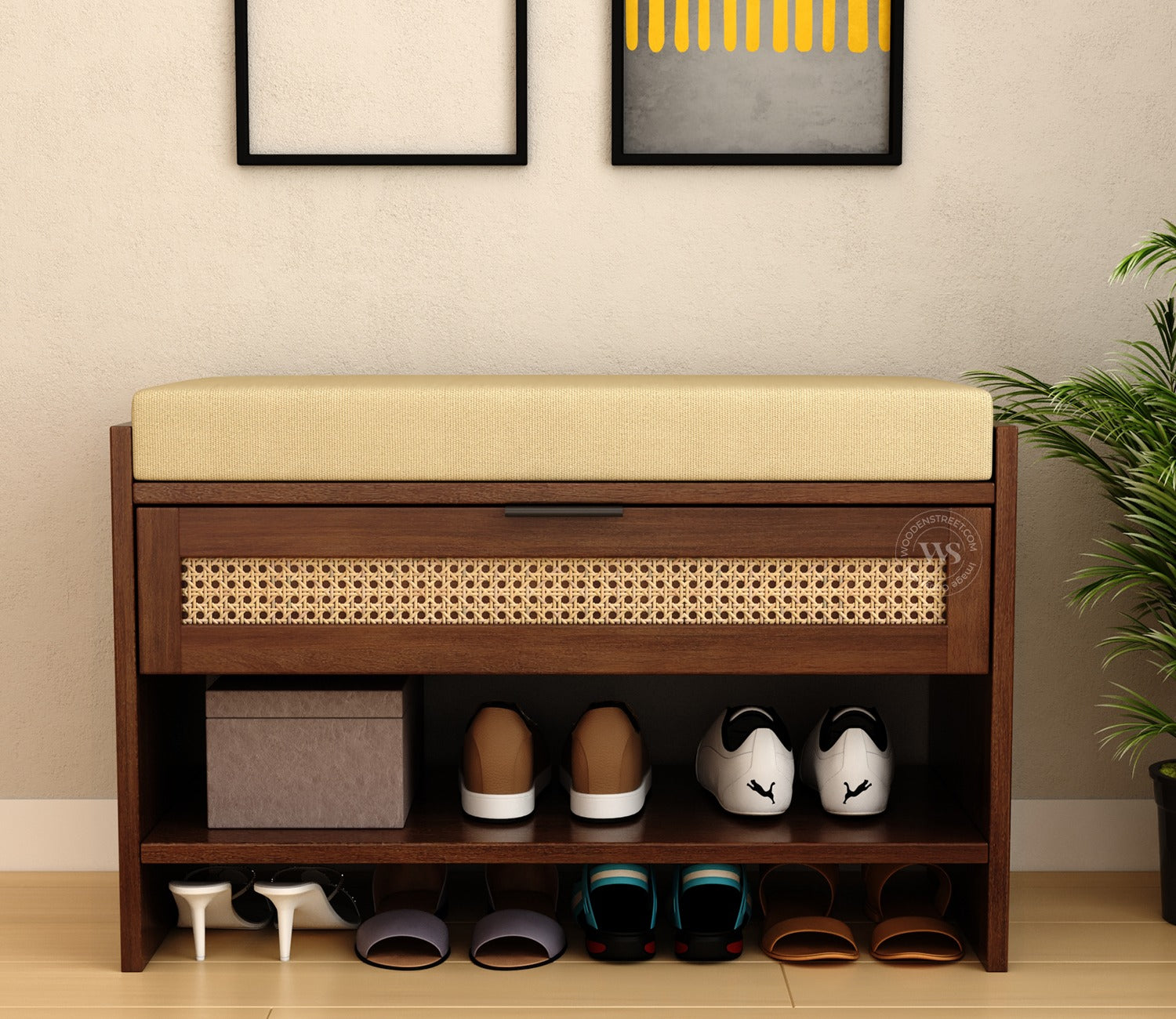Russet Premium Solid Wood Shoe Rack With Removable Cushioned Seat, Drawer Storage & Cane Detailing (Mango Wood, Teak Finish)