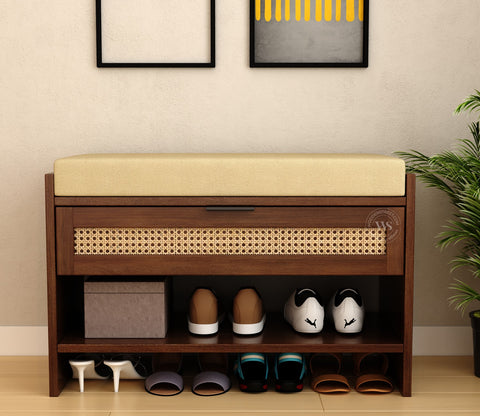Russet Premium Solid Wood Shoe Rack With Removable Cushioned Seat, Drawer Storage & Cane Detailing (Mango Wood, Teak Finish)