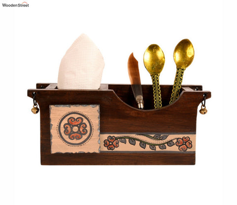 Brown Handcrafted Folk Art Wooden Cutlery Holder