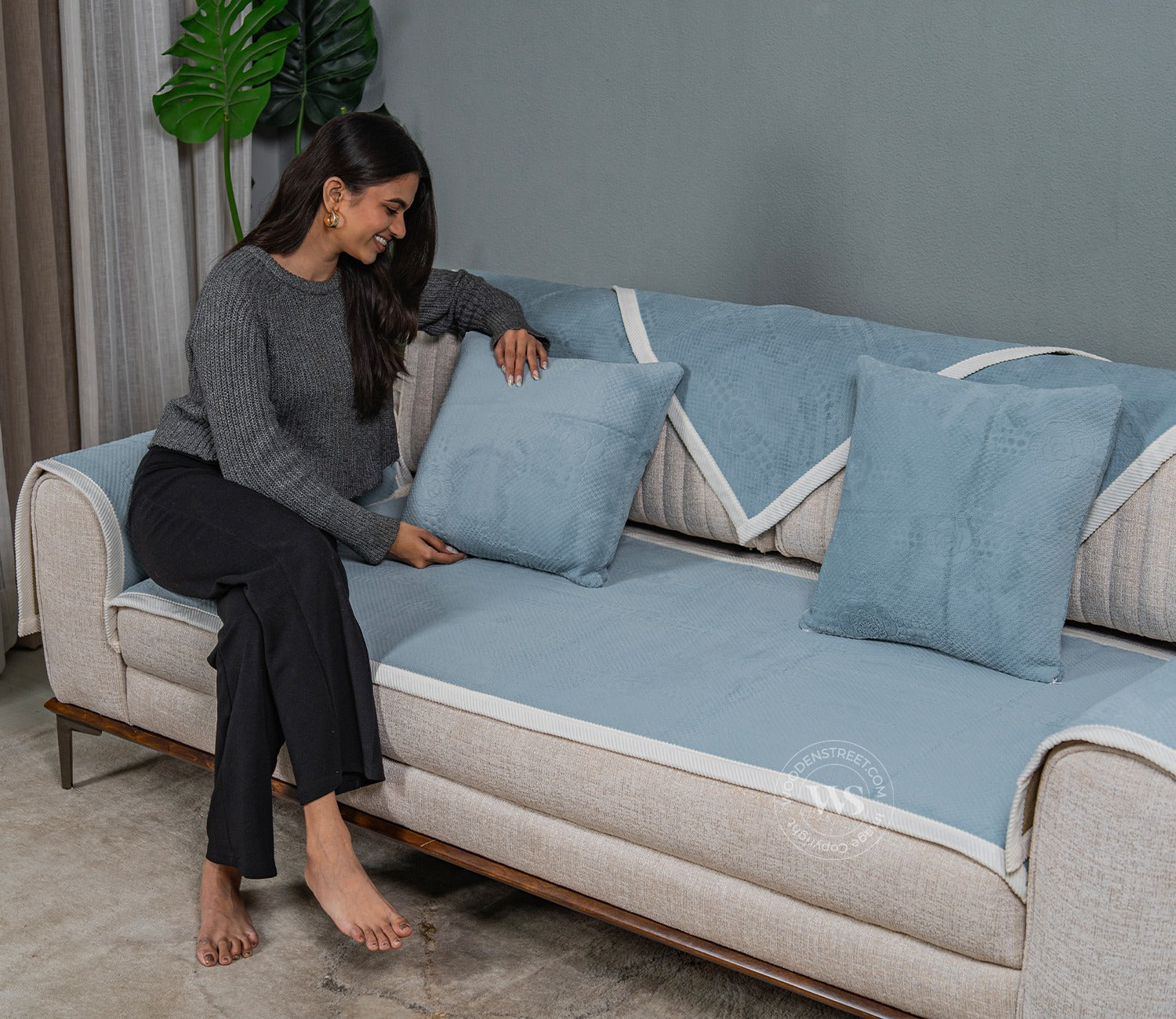 Radiant Blues Plain Designer 3 Seater Sofa Cover - Set of 8